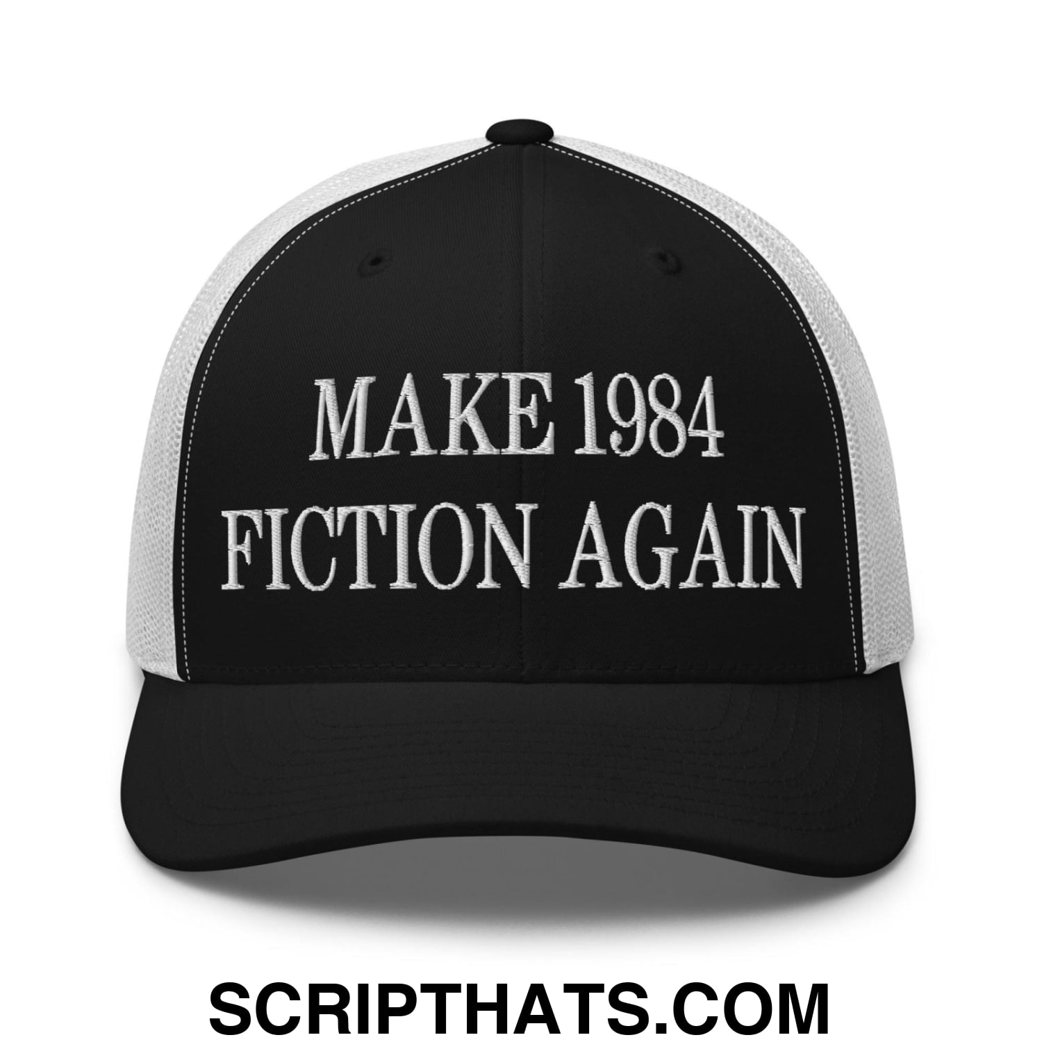 Make 1984 Fiction Again Embroidered Mesh Trucker Hat Black White