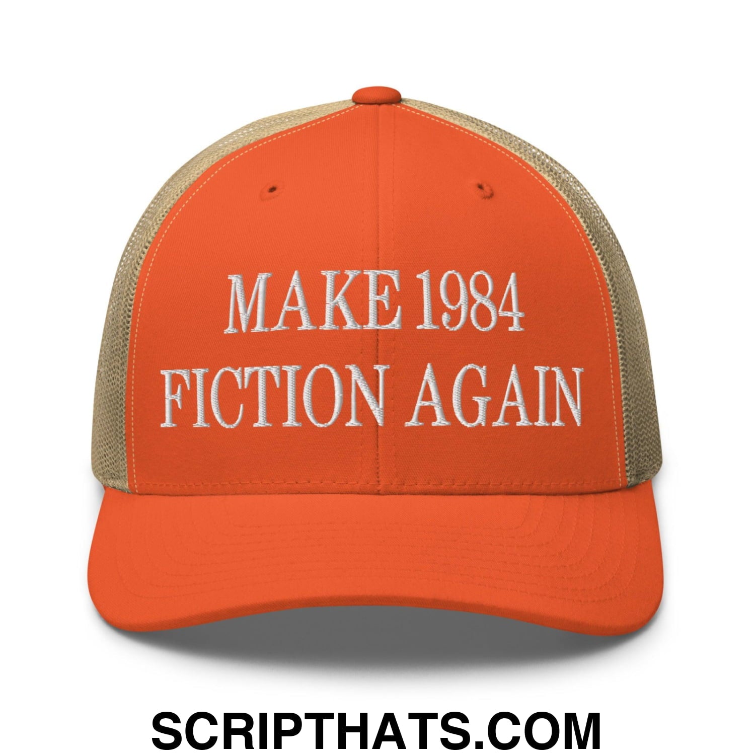 Make 1984 Fiction Again Embroidered Mesh Trucker Hat Rustic Orange Khaki
