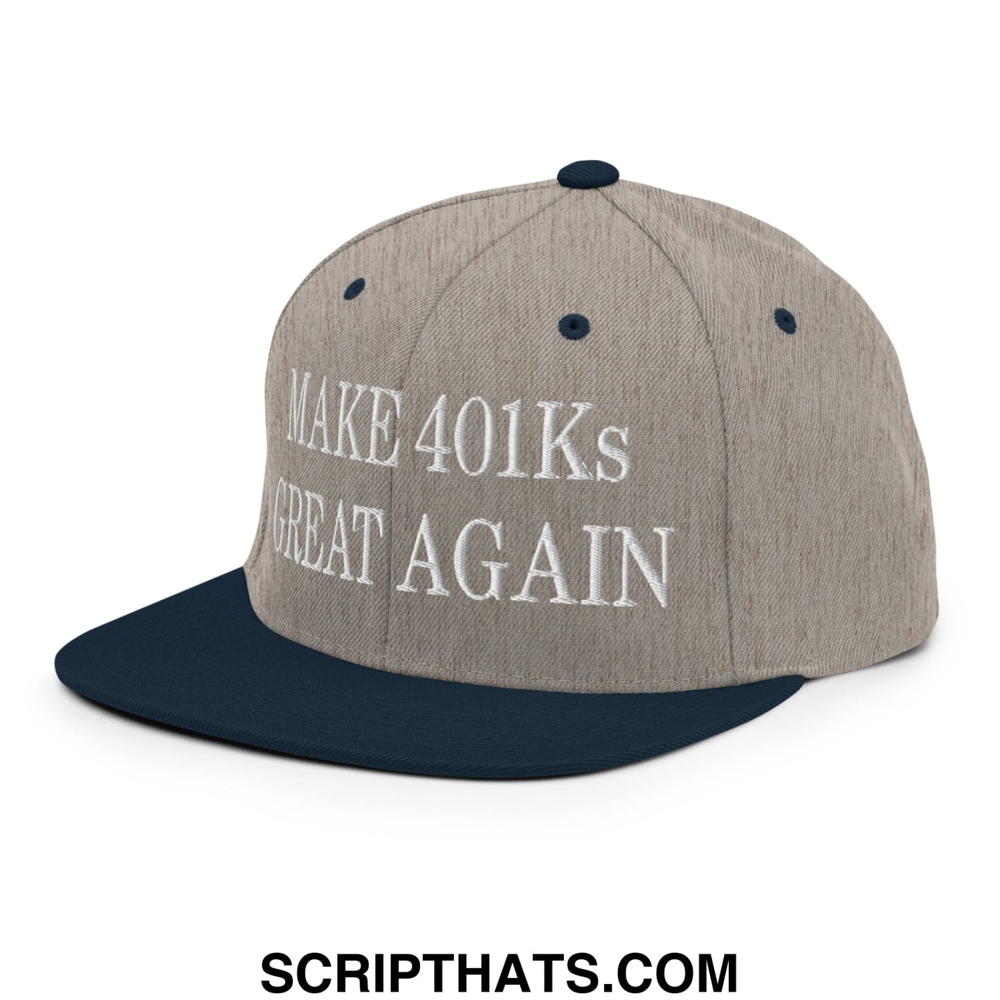 Gray and navy blue snapback hat with white embroidered text make 401ks great again and flat bill brim design