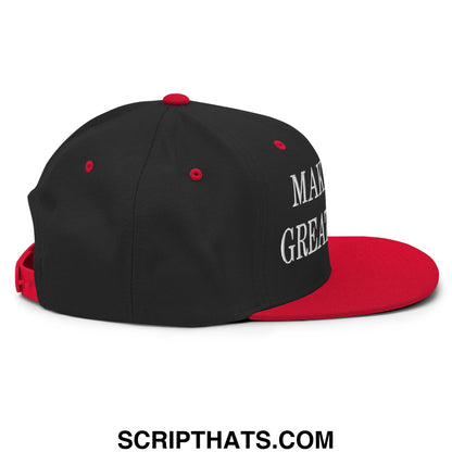 Black and red snapback hat with white embroidered make america great again text on the side for 401ks great again