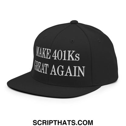 Black snapback cap with white embroidered text make 401ks great again and flat bill brim design