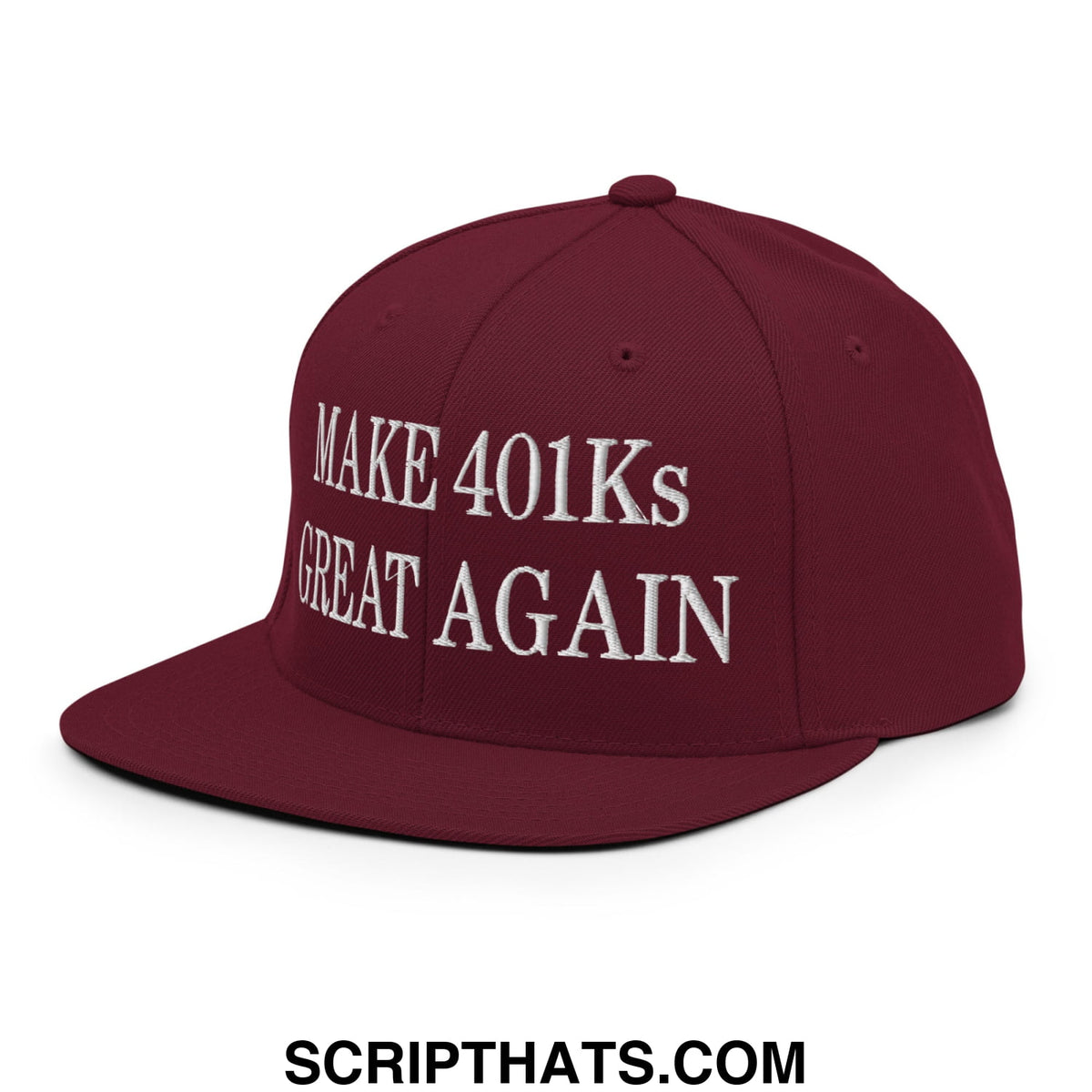 Maroon snapback cap with white embroidered make 401ks great again text and flat bill brim for casual wear
