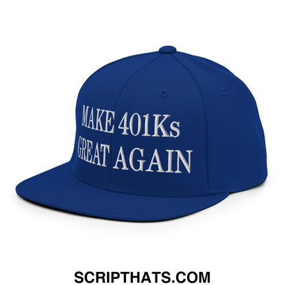 Blue snapback cap with white embroidered text make 401ks great again and flat bill brim design