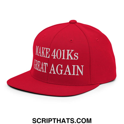 Red snapback cap with white embroidered make 401ks great again text and flat bill brim in a casual style