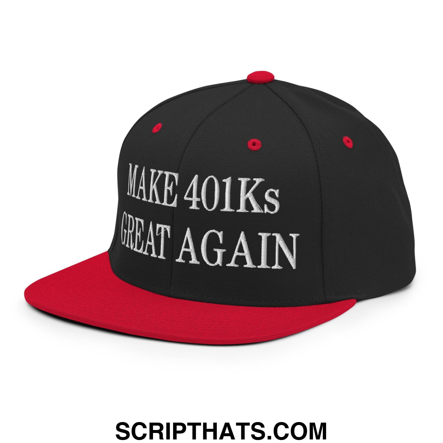 Black and red flat bill brim snapback hat with white embroidered make 401ks great again text on the front