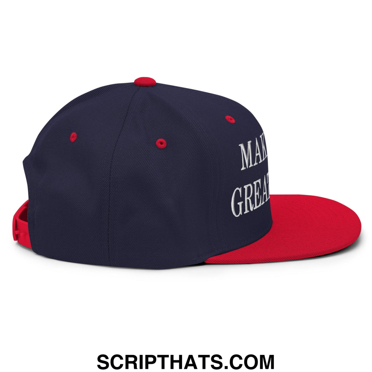 Navy blue and red snapback hat with white embroidered make america great again text on the side flat bill brim design