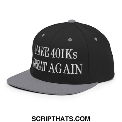 Black and gray snapback hat with white embroidered text make 401ks great again flat bill brim design