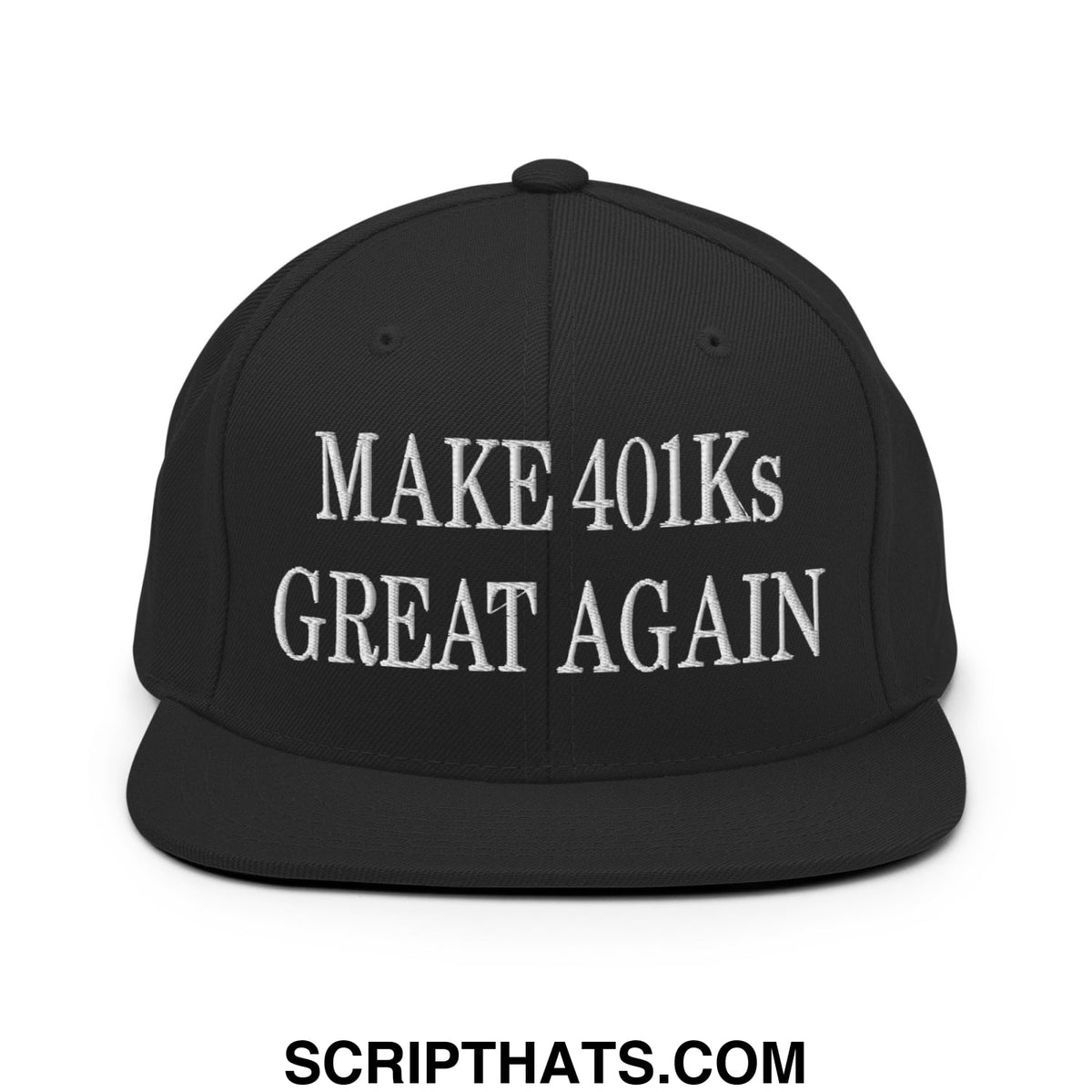 Black snapback cap with white embroidered make 401ks great again text and flat bill brim design
