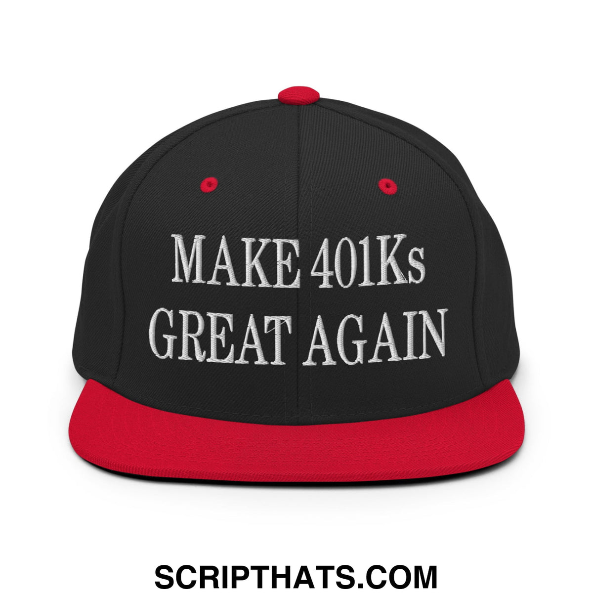 Black snapback cap with red brim and white embroidered make 401ks great again text in an embroidered flat bill brim design
