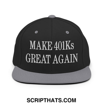 Black snapback cap with gray brim and white embroidered text reading make 401ks great again flat bill hat