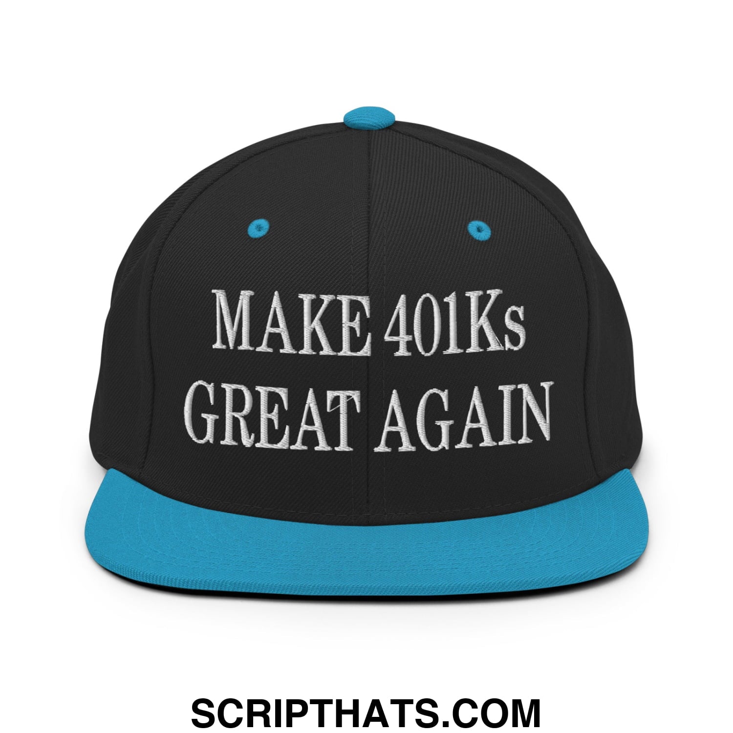 Black snapback hat with teal brim and button featuring white embroidered make 401ks great again text