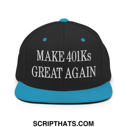 Black snapback hat with teal brim and button featuring white embroidered make 401ks great again text