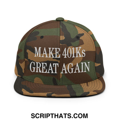 Camouflage snapback cap with flat bill and white embroidery reading make 401ks great again