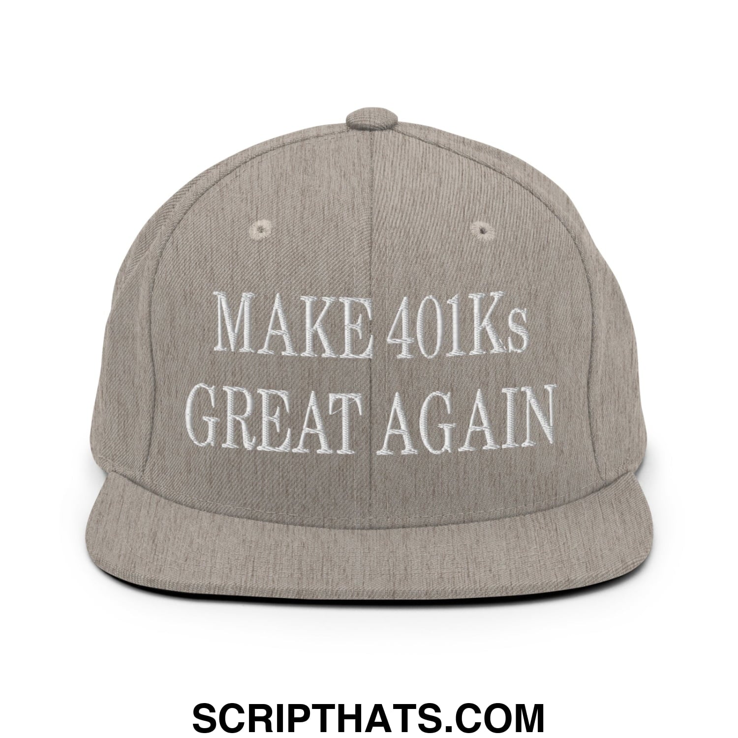 Gray snapback hat with white embroidered make 401ks great again text and flat bill brim design