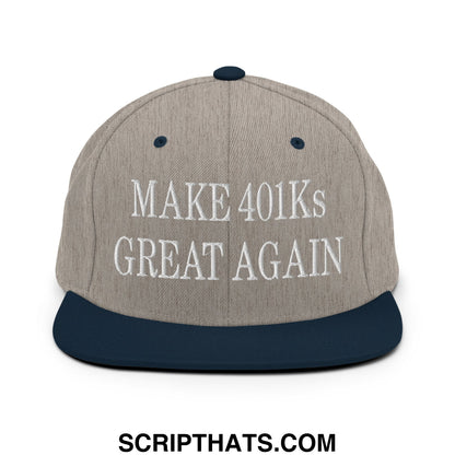 A gray and navy blue snapback hat with white embroidered text reading make 401ks great again on the front