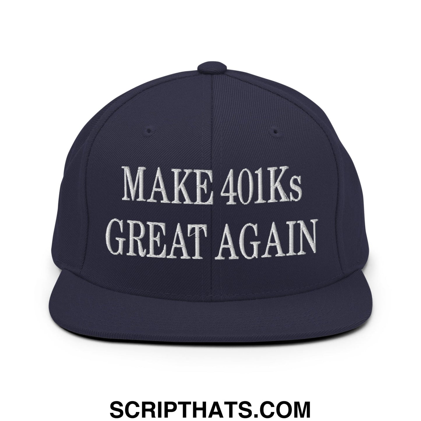 Navy blue flat bill snapback hat with white embroidered make 401ks great again text for casual wear