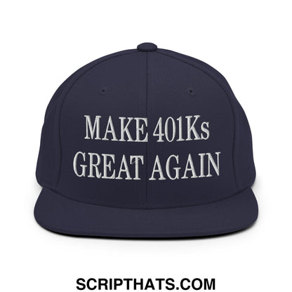 Navy blue flat bill snapback hat with white embroidered make 401ks great again text for casual wear