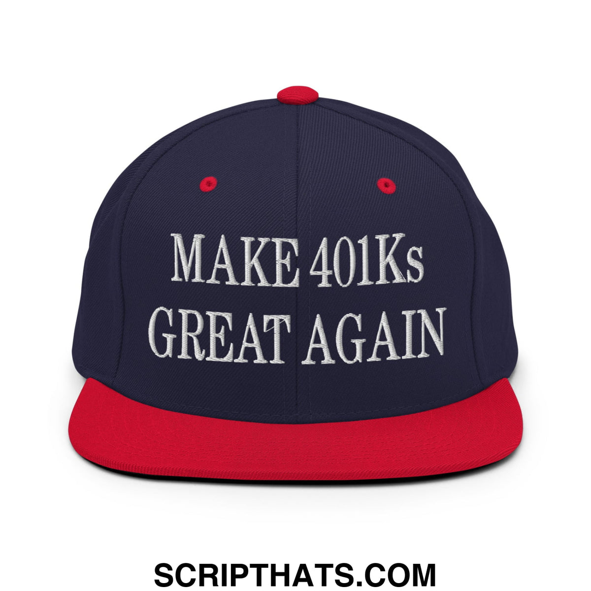Navy blue snapback cap with red brim and white embroidered make 401ks great again text flat bill design