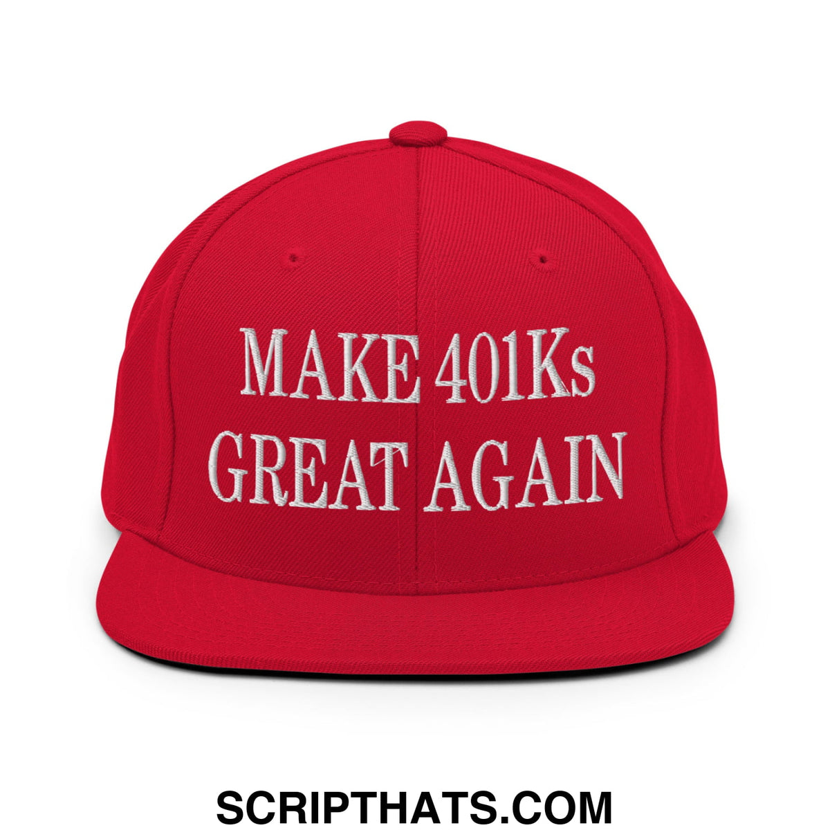 Red snapback hat with white embroidered make 401ks great again text flat bill brim and adjustable closure