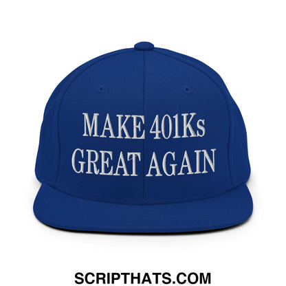 Royal blue snapback hat with white embroidered make 401ks great again text and flat bill brim design
