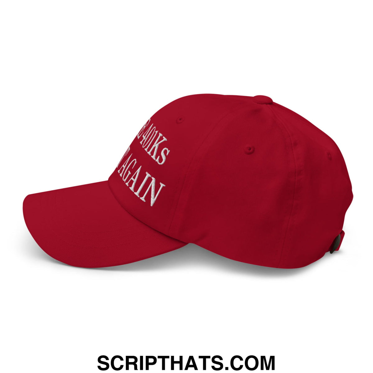 Red unstructured dad hat with white embroidered make america great again text for 401ks improvement