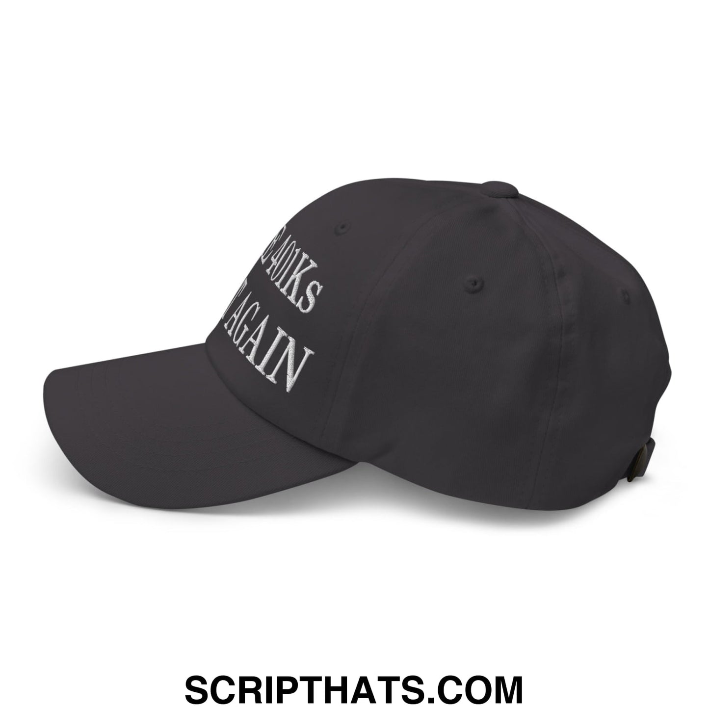 Black unstructured dad hat with white embroidered make america great again text for 401ks promotion