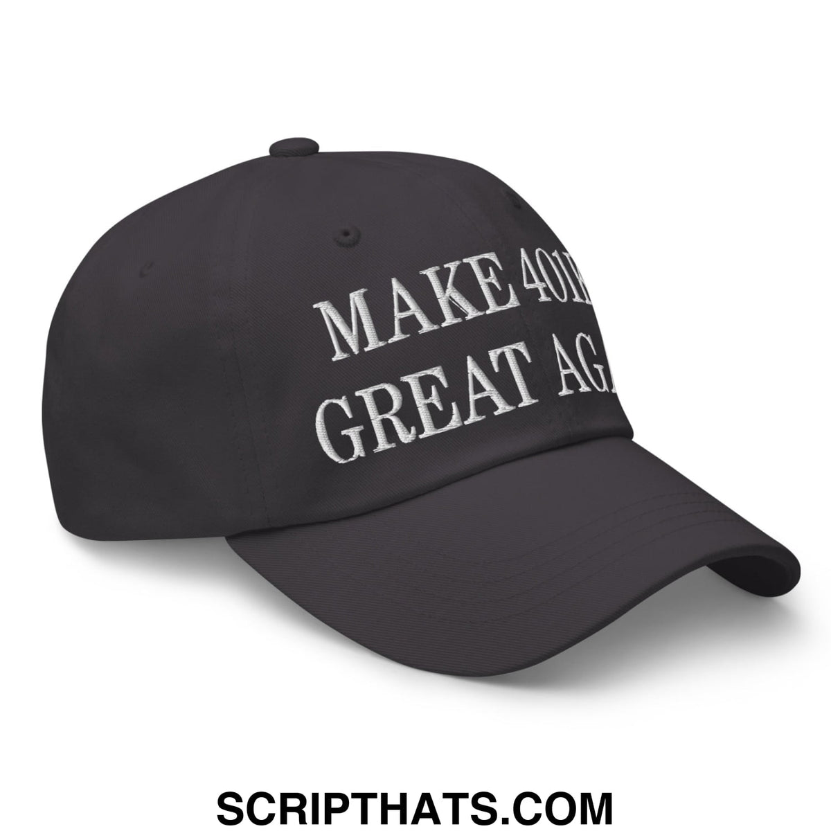 Black unstructured dad hat with white embroidered make america great again text for make 401ks great again product