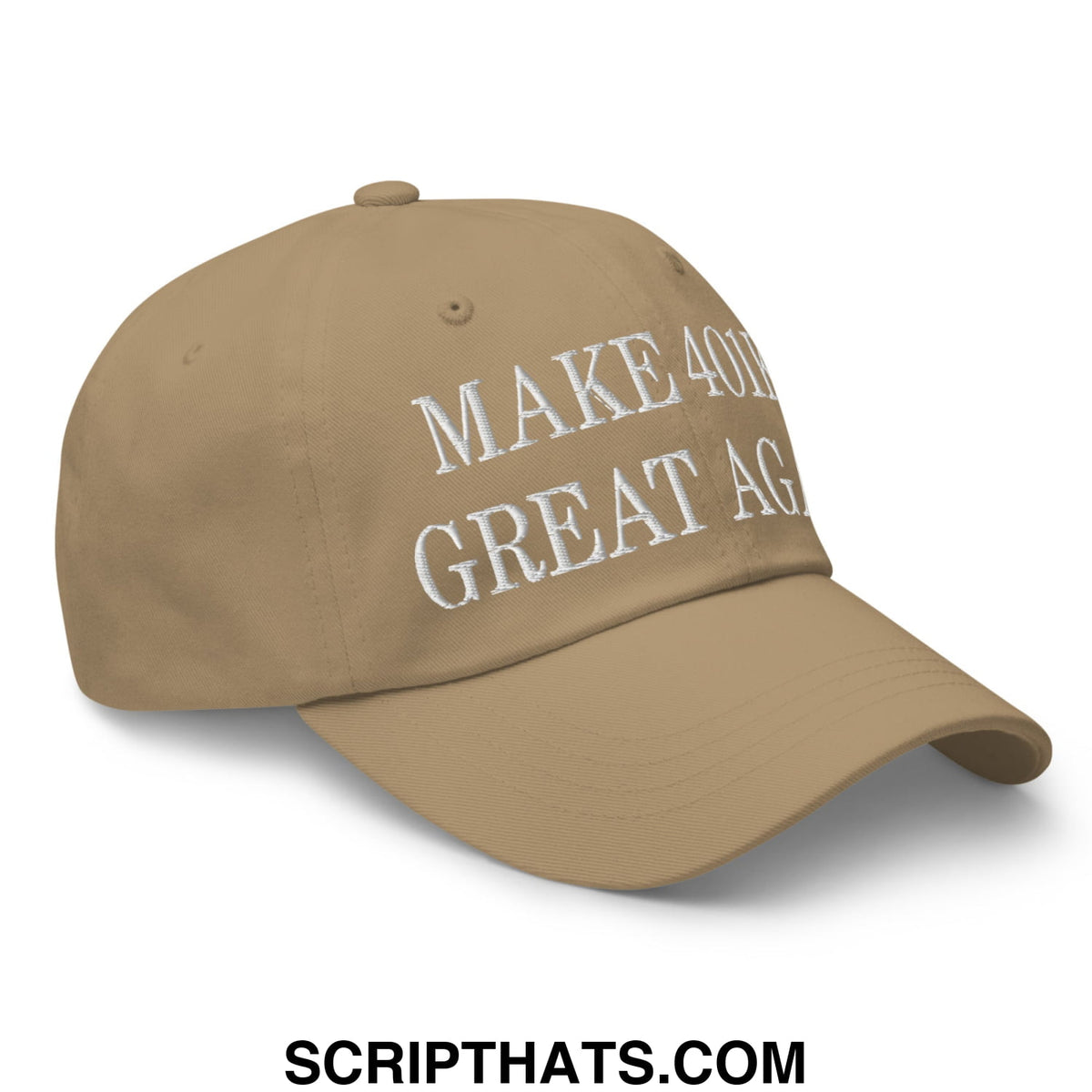 Tan unstructured dad hat with white embroidered make america great again text for 401ks improvement