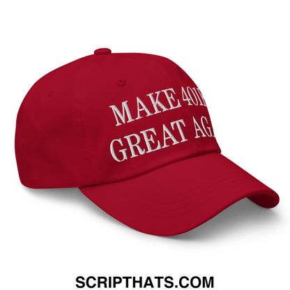 Red unstructured dad hat with white embroidered make america great again text for 401k pride