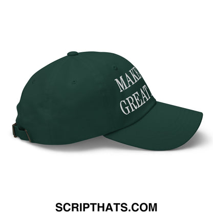 Dark green unstructured dad hat with white embroidered make america great again text for 401ks improvement