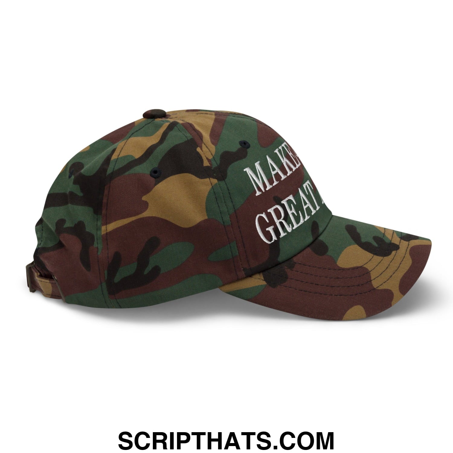 A camouflage-patterned unstructured dad hat with make america great again embroidered in white thread on the front