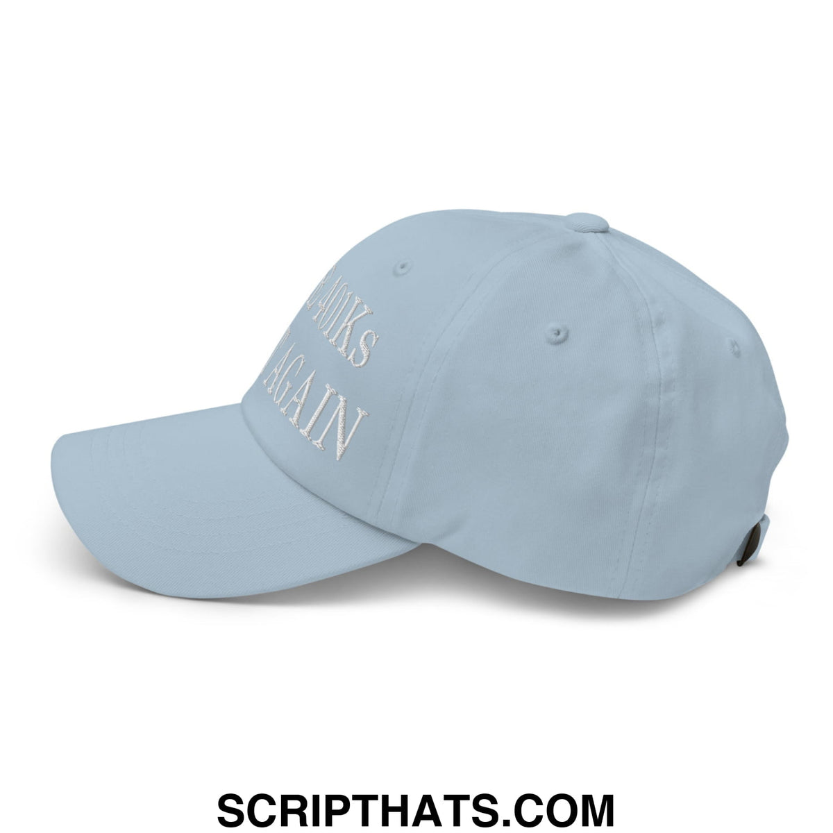 Light blue unstructured dad hat with white embroidered thanks again text for make 401ks great again campaign