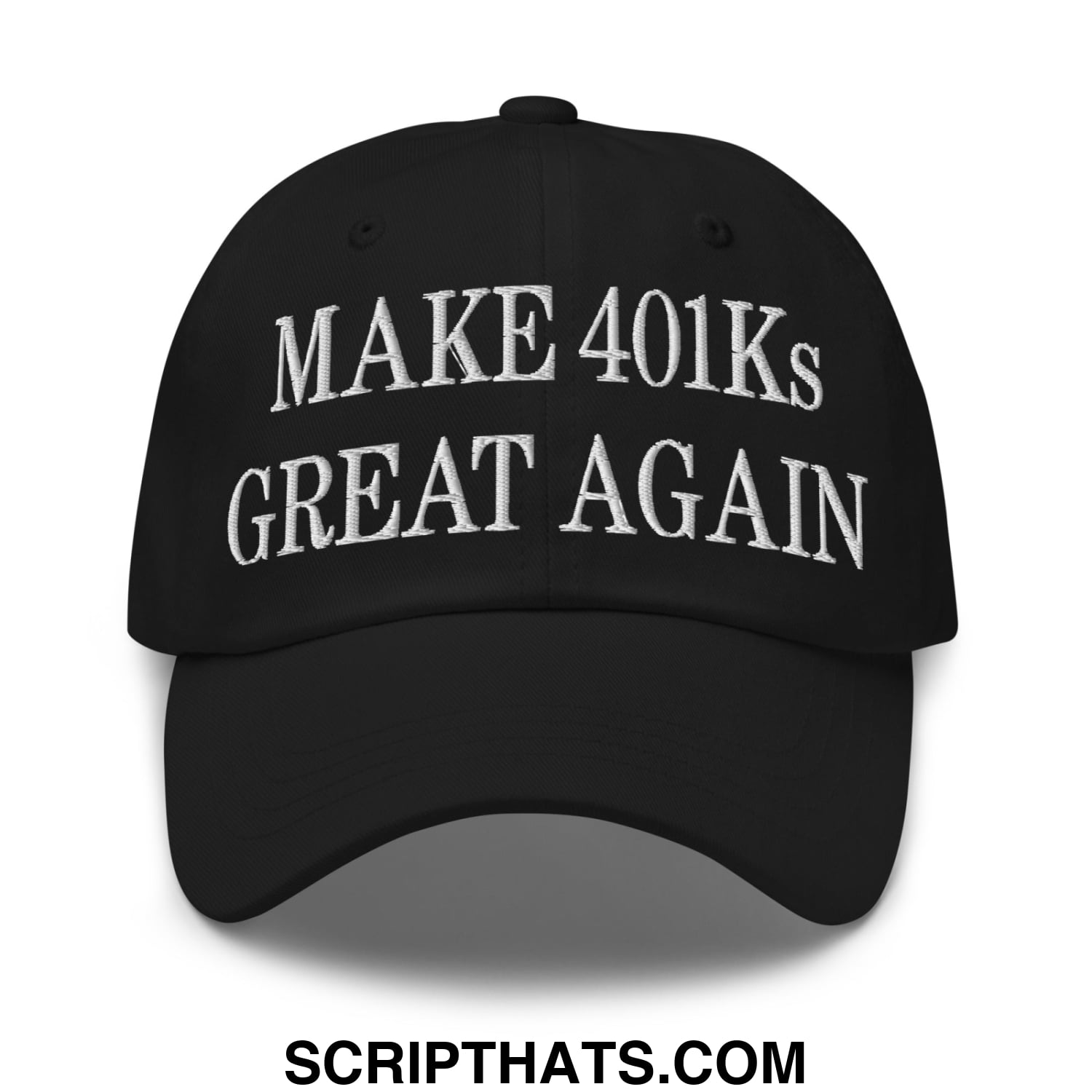 Black unstructured dad hat with white embroidered text reading make 401ks great again for casual wear