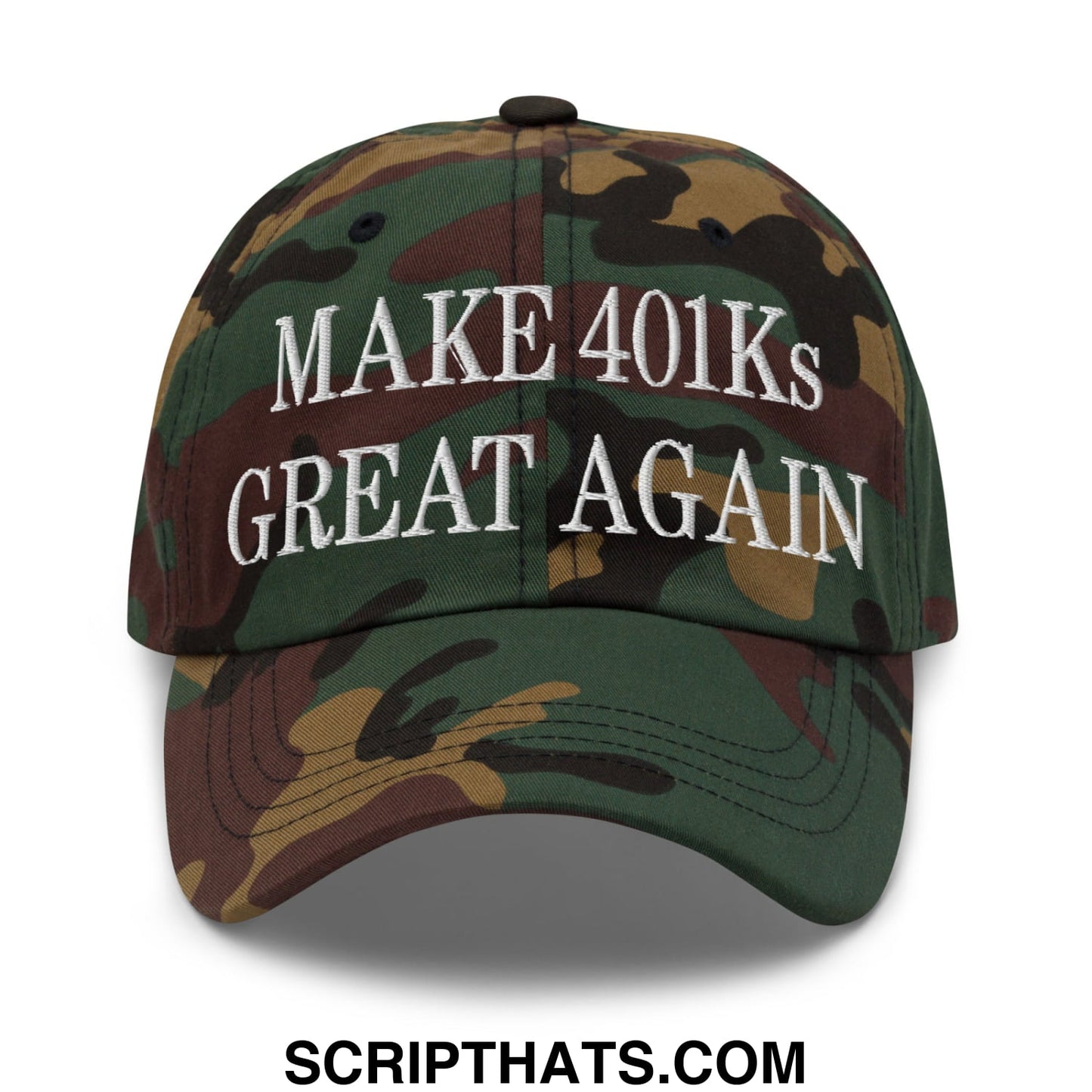 A camouflage-patterned unstructured dad hat with white embroidered text make 401ks great again on the front