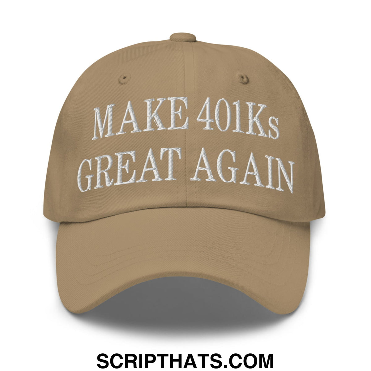 Tan unstructured dad hat with white embroidered make 401ks great again text for casual wear