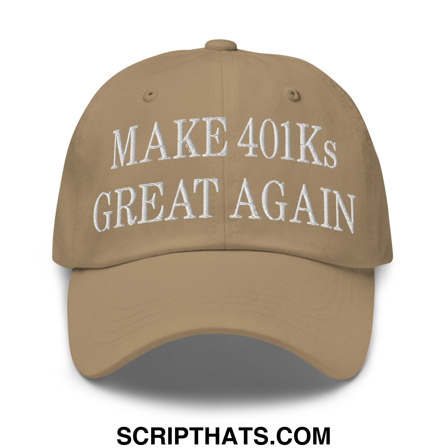 Tan unstructured dad hat with white embroidered make 401ks great again text for casual wear