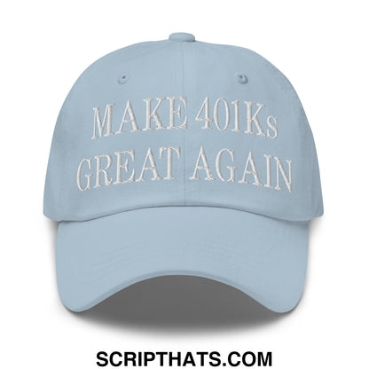 Light blue unstructured dad hat with white embroidered make 401ks great again text for casual wear