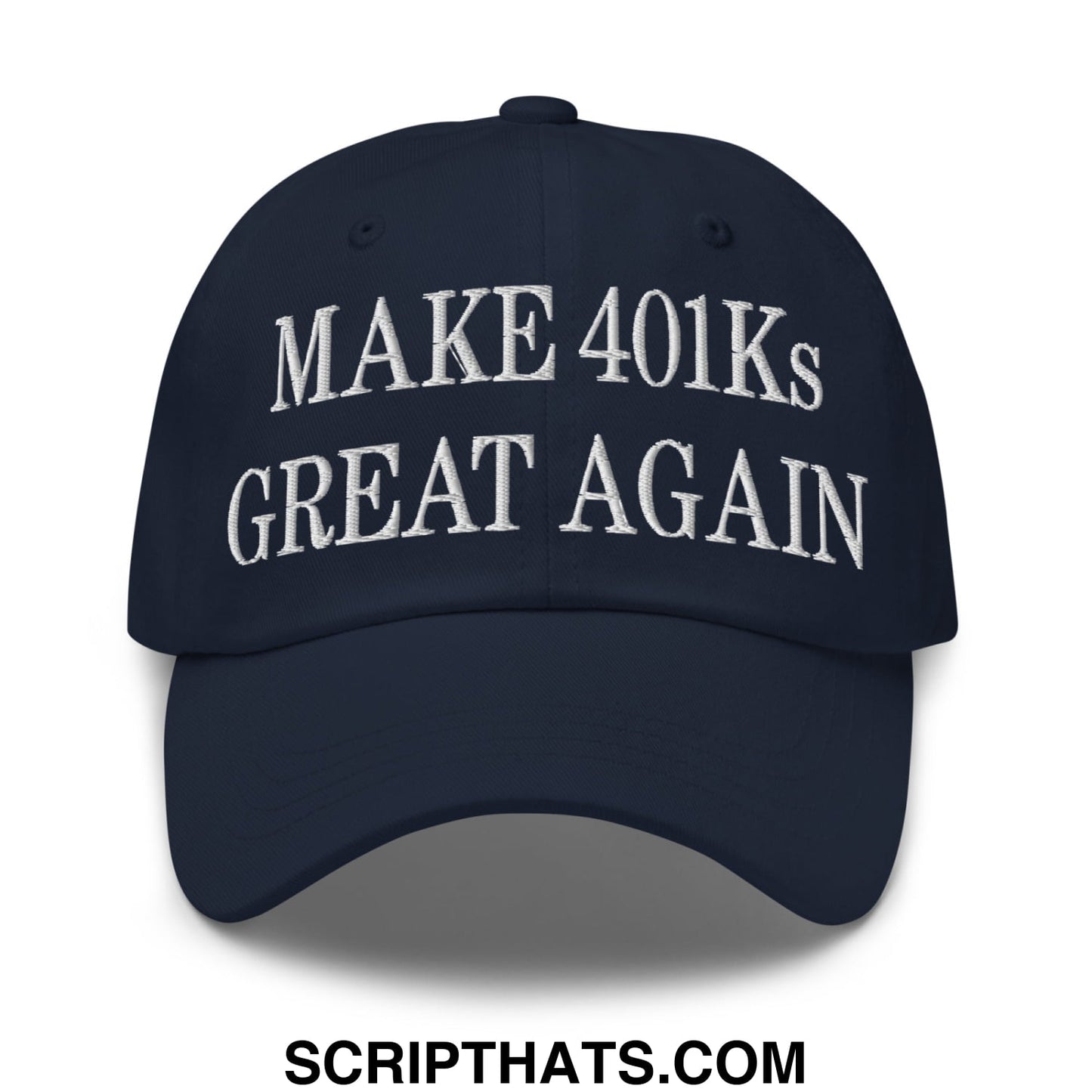 A navy blue embroidered unstructured dad hat with white make 401ks great again text for casual wear