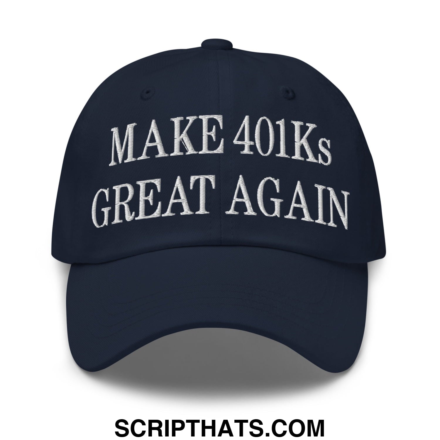 A navy blue embroidered unstructured dad hat with white make 401ks great again text for casual wear