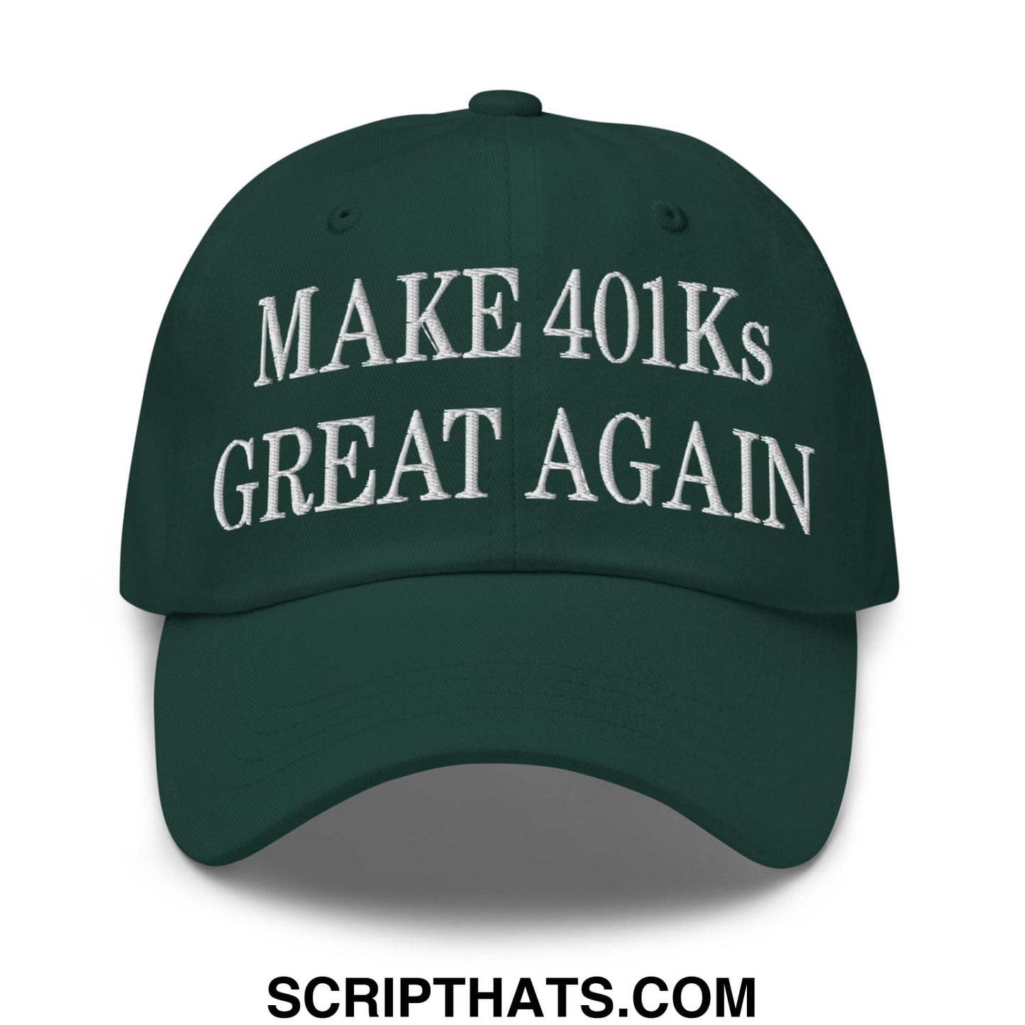 Dark green unstructured dad hat with white embroidered text make 401ks great again for casual wear