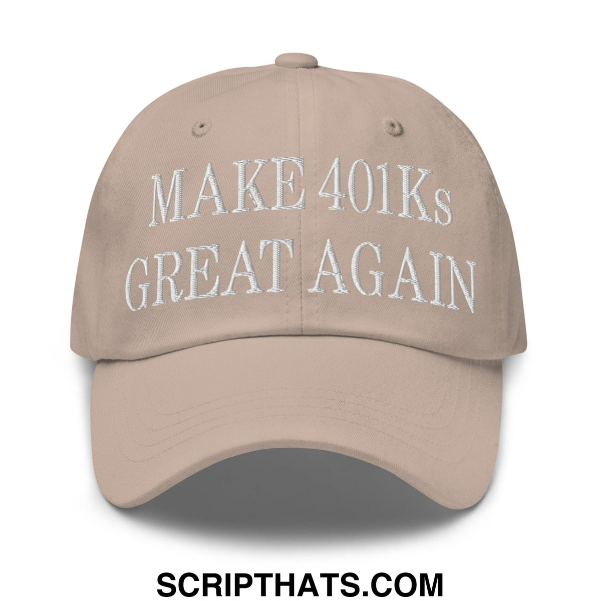 Beige unstructured dad hat with white embroidered text make 401ks great again for casual wear and sun protection