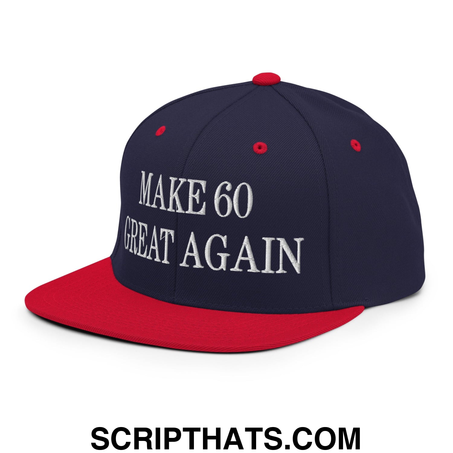 Navy blue and red snapback hat with white embroidered make 60 great again text and flat bill brim design