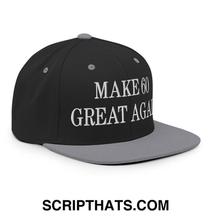 Black and gray snapback hat with white embroidered make 60 great again text on flat bill brim