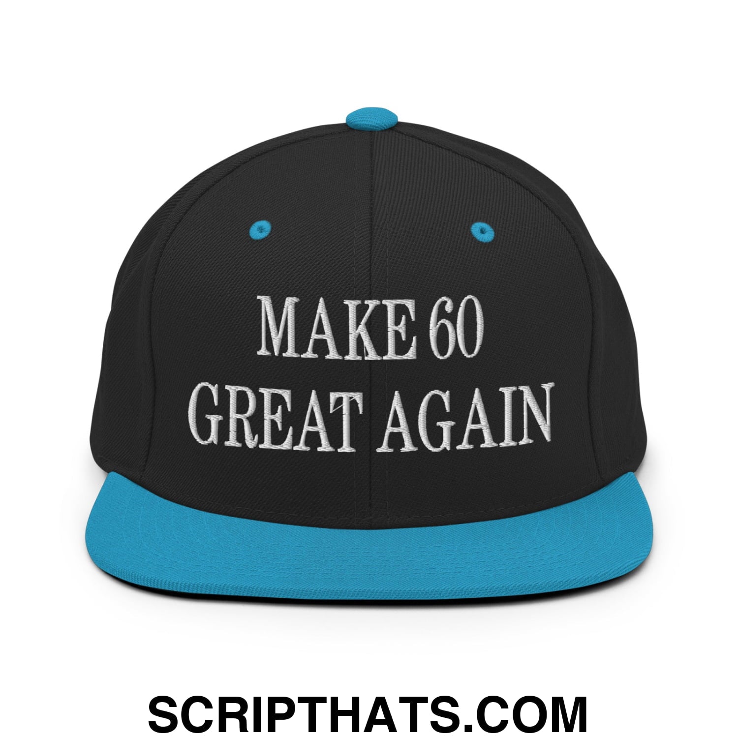 Black snapback cap with turquoise brim and button featuring white embroidered make 60 great again text