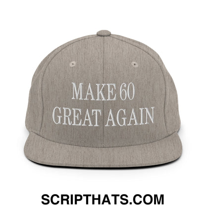 Gray snapback hat with white embroidered text make 60 great again and flat bill brim design