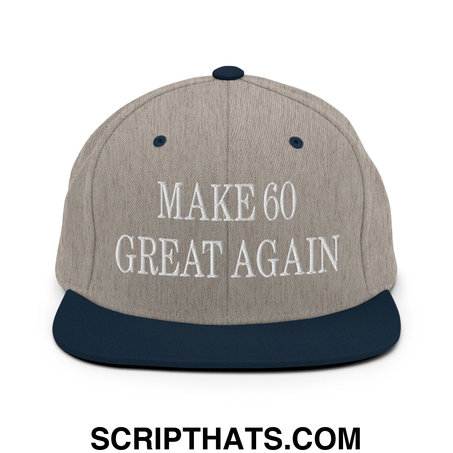 Gray and navy blue snapback hat with white embroidered make america great again text and flat bill brim