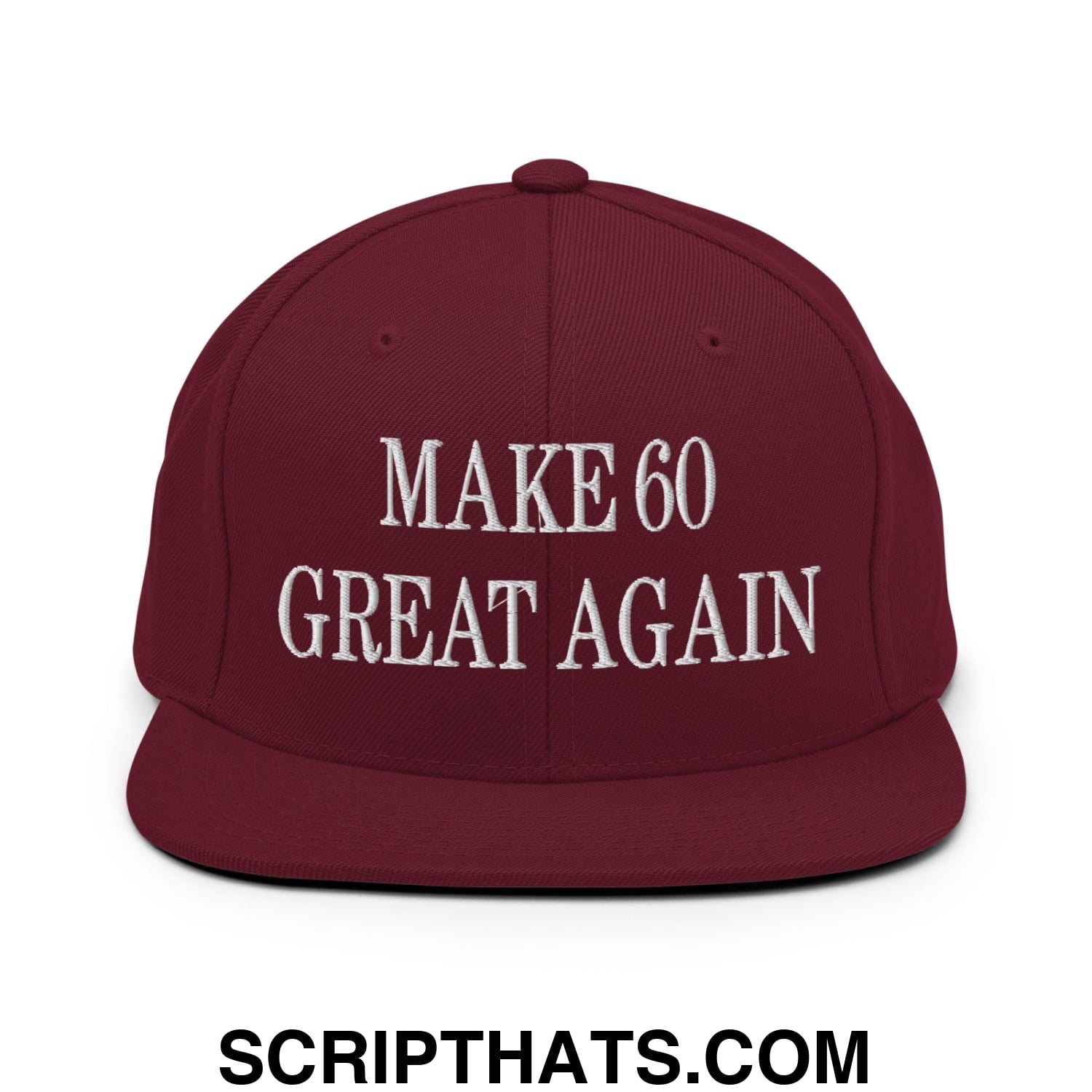 Maroon flat bill snapback hat with white embroidered make 60 great again text for casual wear