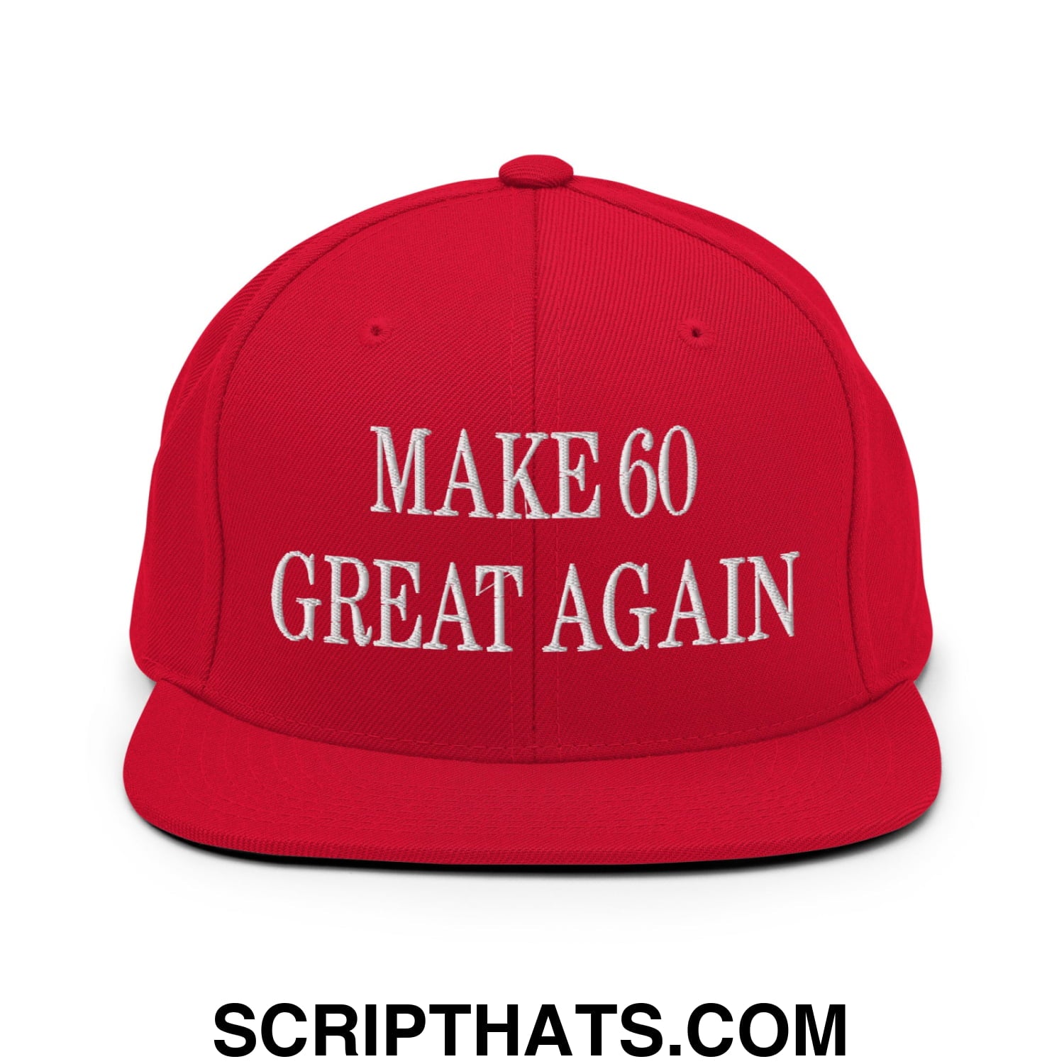 Red snapback cap with white embroidered make 60 great again text and flat bill brim for casual wear