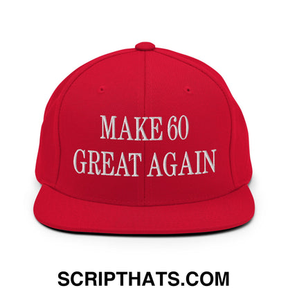 Red snapback cap with white embroidered make 60 great again text and flat bill brim for casual wear
