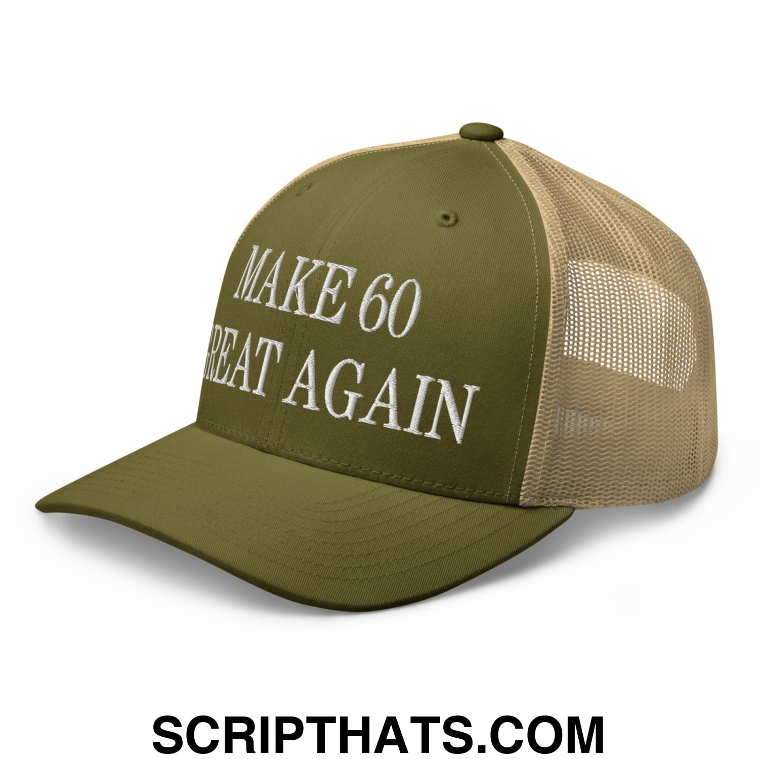 Olive green and tan mesh trucker hat with white embroidered make 60 great again text front view